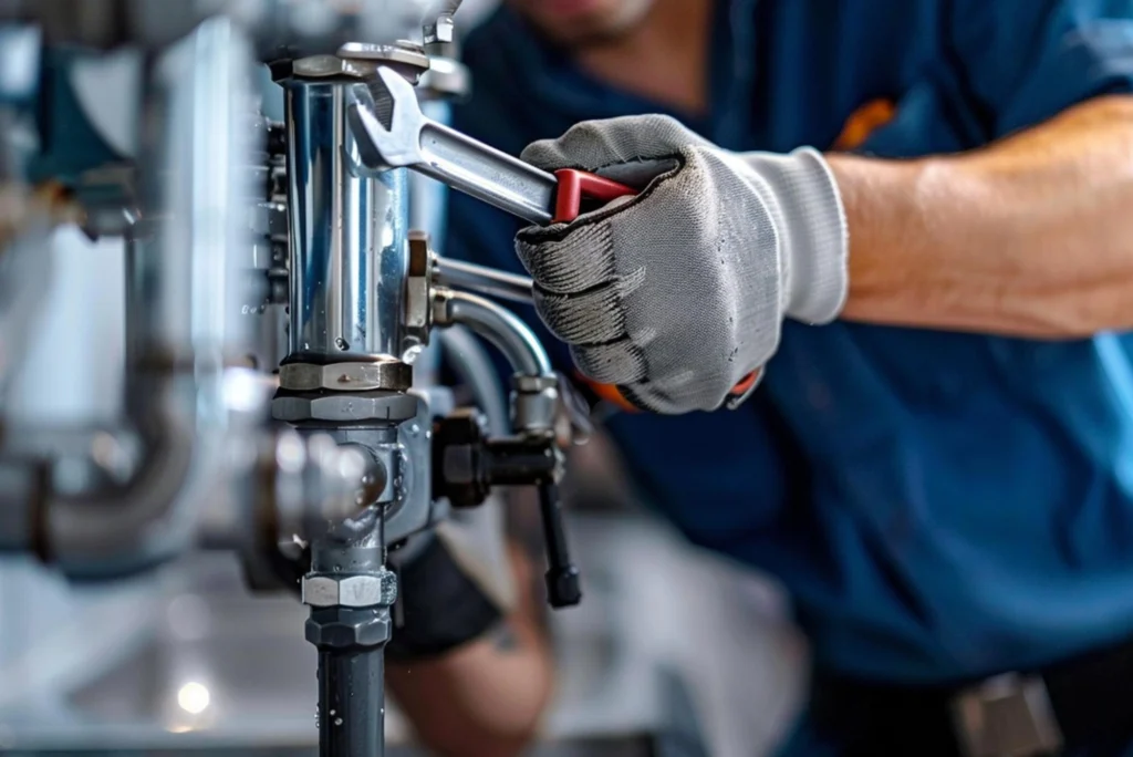 A person wearing gloves uses a wrench to tighten pipes, indicating professional plumbing work. The image conveys focus and technical skill.