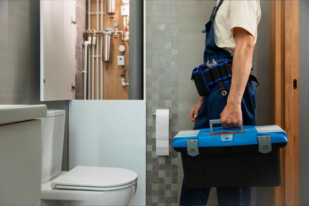 A plumber in overalls holds a blue toolbox in a bathroom. Open cabinet exposes pipes. Modern, tidy space with gray tiles and a white toilet.