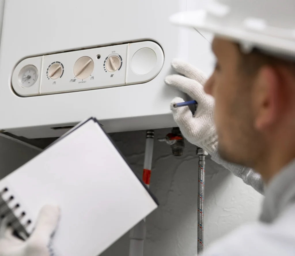 A maintenance worker in a hard hat and gloves inspects a boiler, holding a notepad and pen. The focus is on the boiler's control panel.