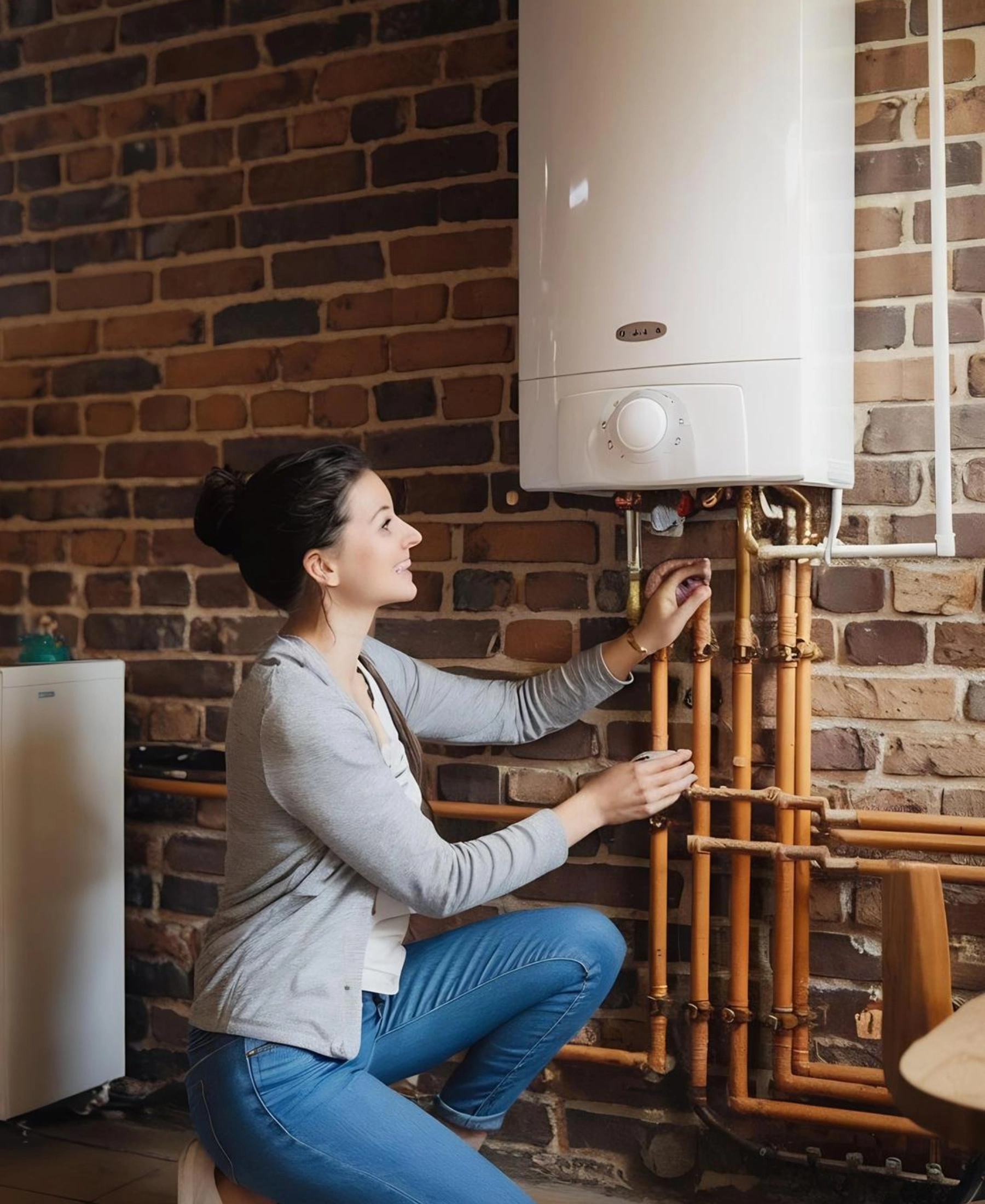 Femme agenouillée près d'une chaudière à gaz, ajustant des tuyaux en cuivre. Elle porte un cardigan gris et un jean, souriant avec une expression concentrée contre un mur de briques.
