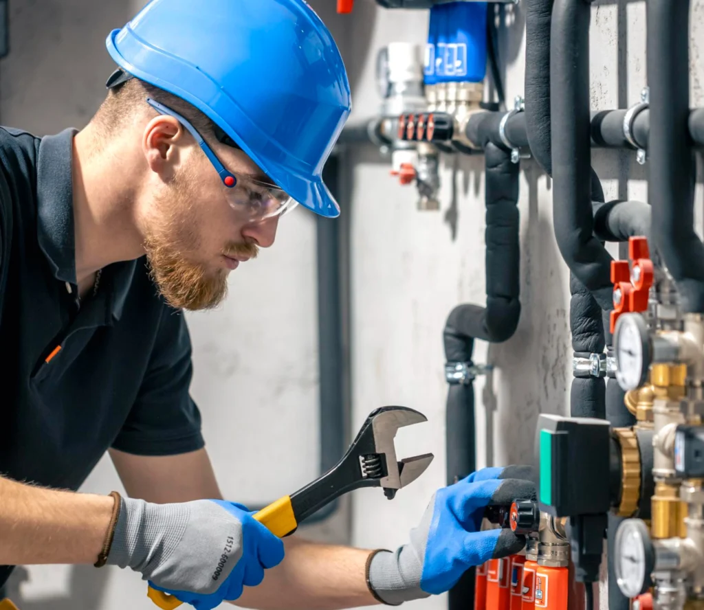 A man in a blue hard hat and gloves uses a wrench on industrial pipes and gauges. The setting is technical, conveying focus and precision.