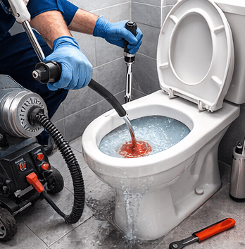 Plombier réalisant un débouchage mécanique de WC à Paris