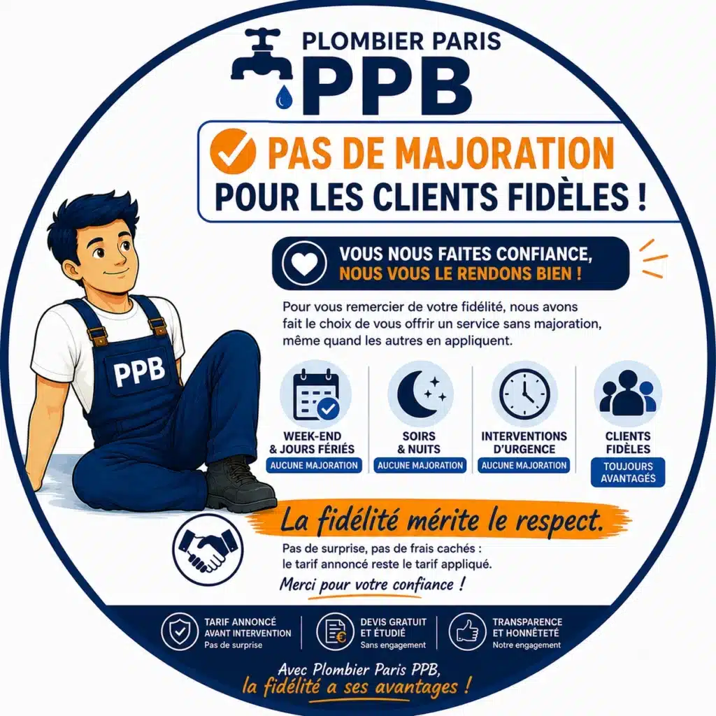 Plombier Paris PPB : aucune majoration le week-end, la nuit, les jours fériés et pour les interventions d’urgence des clients fidèles.