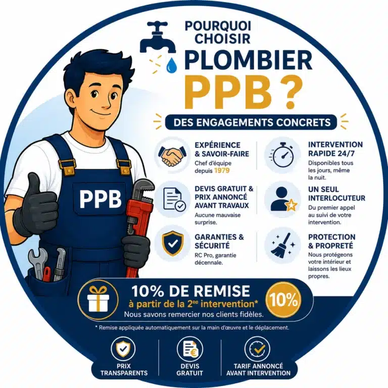 Infographie Plombier PPB présentant ses engagements : intervention rapide 24/7, devis gratuit, prix transparents, garanties et propreté à Paris et en banlieue.