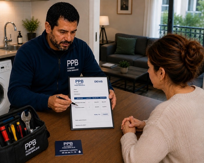 Plombier Paris, explique un devis détaillé à une cliente